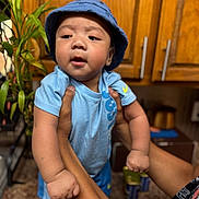 Koa Latu Lometo is registered to the contest to win money with this photo: baby, infant, child, blue_hat, blue_shirt, blue_shorts, hands, arms, kitchen, wooden_cabinets, plant, countertop, curious_expression, person_holding, indoor, portrait, baby_clothing, toddler, cute, home