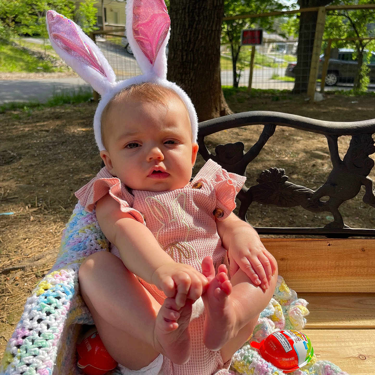 Emberlynn joined the competition — help win amazing prizes! baby, bench, bodypart, clothing, face, finger, furniture, grass, hand, hat, head, nature, outdoors, park, person, photography, plant, portrait, sitting, tree