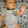 Timothy is registered to the contest to win money with this photo: baby, infant, onesie, grey_clothing, patches, hand_raised, lying_down, blanket, patterned_blanket, red_eye, indoor, cute, child, face, skin, person, young_child, small_arm, small_leg, casual_wear