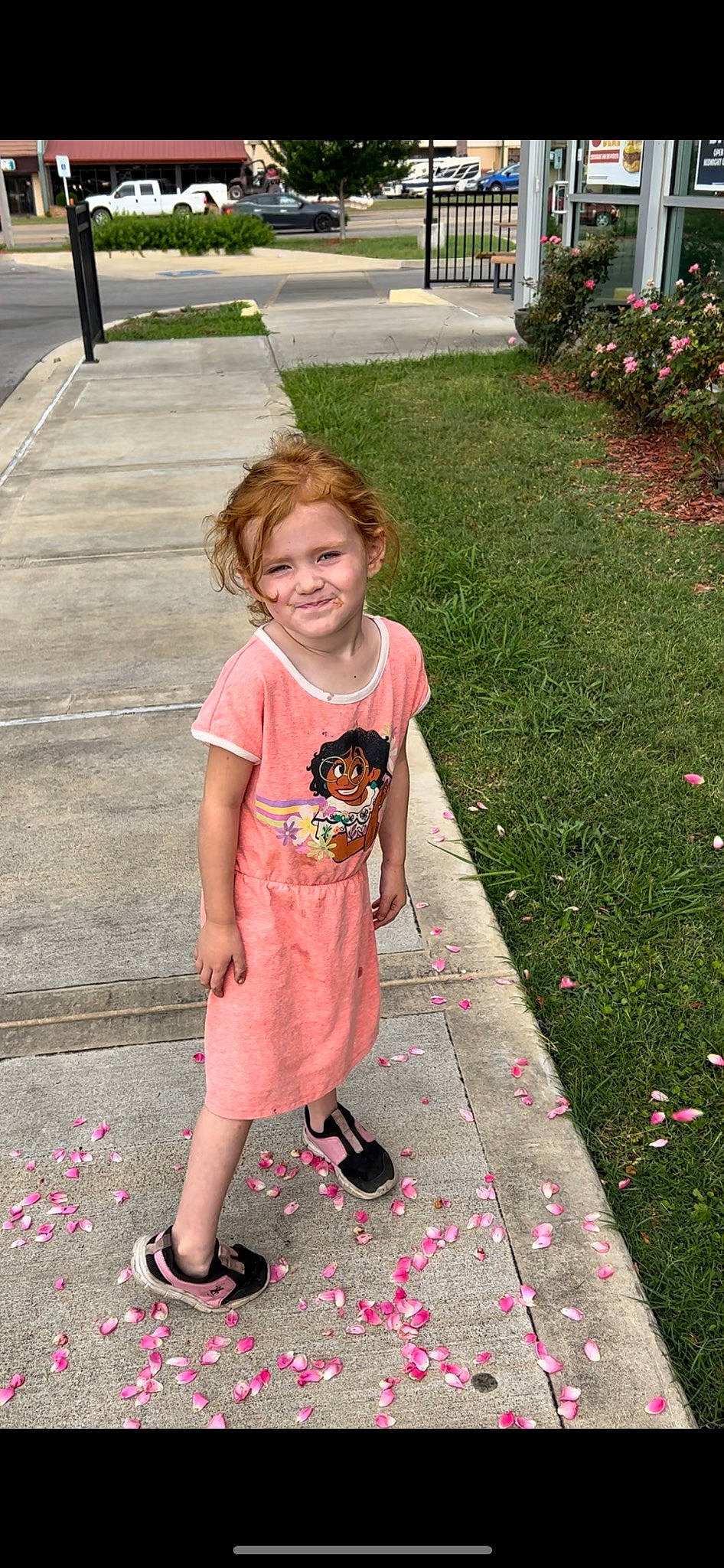 Aubrey joined the competition — help win amazing prizes! asphalt, fun, grass, happy, head, joy, leaf, leg, leisure, people_in_nature, person, pink, plant, recreation, road_surface, sidewalk, sleeve, smile, summer, t_shirt