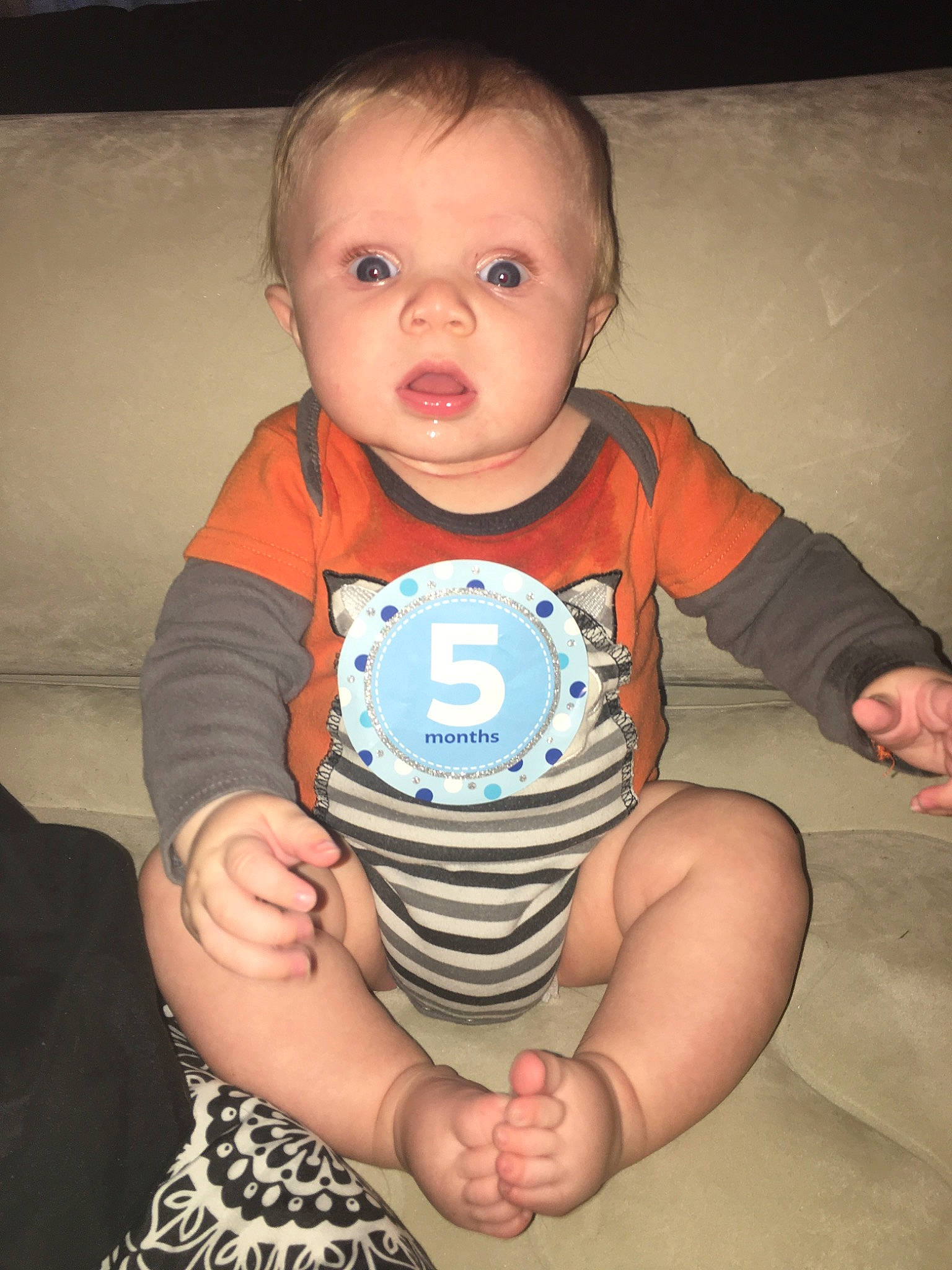 Jaxson is registered to the contest to win money with this photo: baby, baby_toddler_clothing, child, person, sitting, surprise, toddler