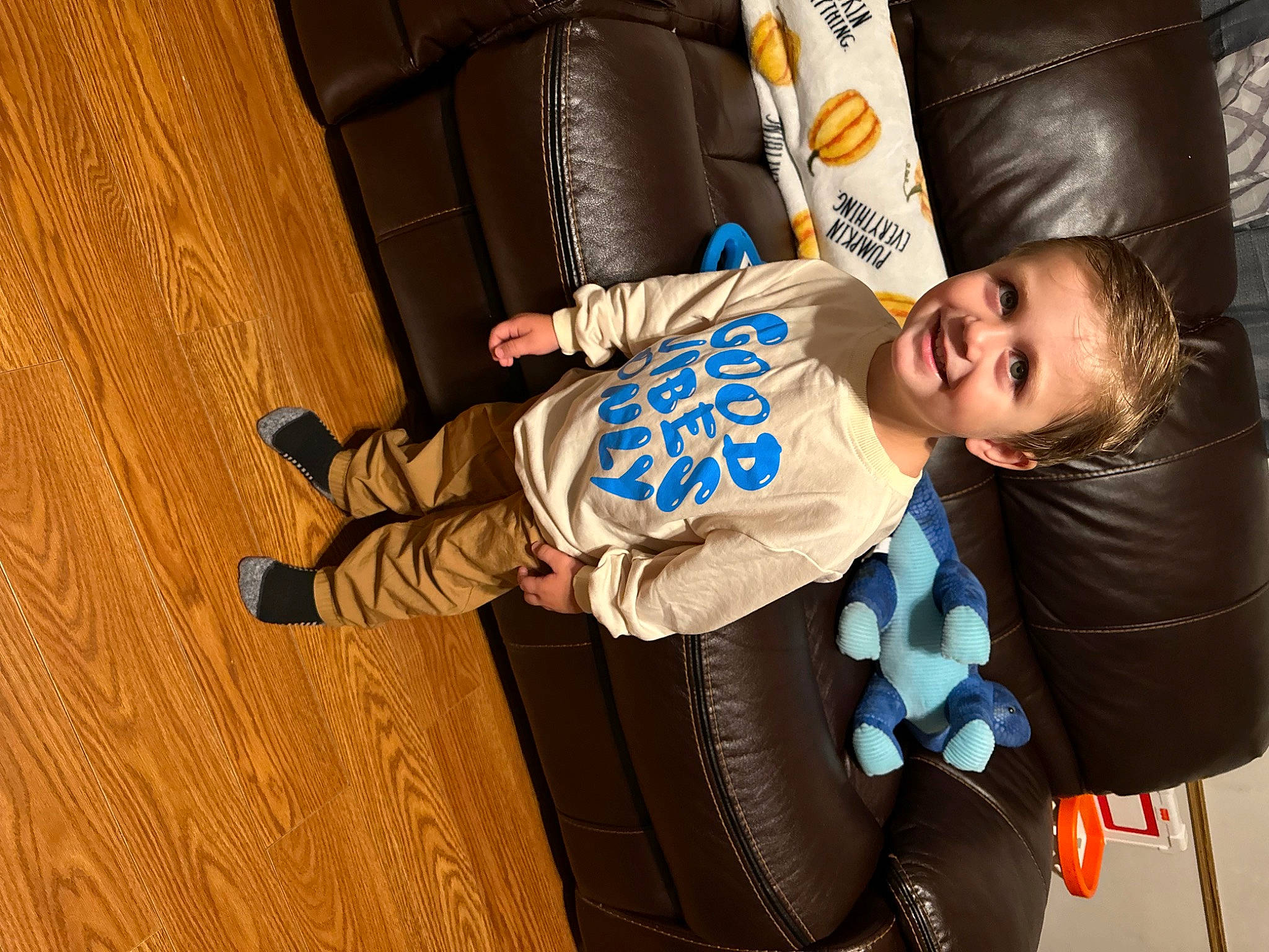 Branson is registered to the contest to win money with this photo: baby_toddler_clothing, child, comfort, electric_blue, flash_photography, flooring, fun, hardwood, joy, laminate_flooring, person, personal_protective_equipment, sitting, sleeve, smile, sportswear, thigh, toddler, varnish, wood