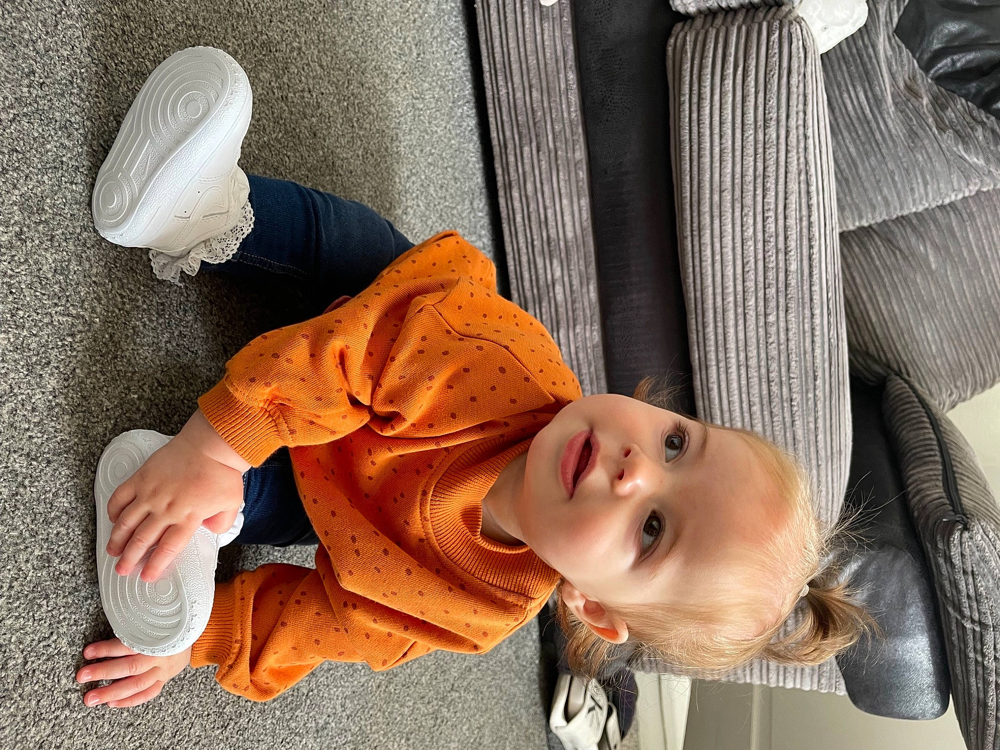 Ava joined the competition — help win amazing prizes! baby, baby_products, chair, child, comfort, eye, fun, happy, head, headgear, human_leg, nose, orange, person, plant, sitting, sunglasses, toddler, tree, white