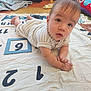 Lucian is registered to the contest to win money with this photo: baby, blanket, carpet, child, clothing, couch, curious, eyes, fabric, face, floor, hands, head, indoor, infant, numbers, person, plush, soft, toy
