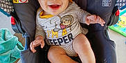 Lucian is registered to the contest to win money with this photo: baby, car_seat, casual, child, cute, expression, face, footwear, hands, happy, indoor, infant, legs, onesie, person, seat, smiling, striped_clothing, towel, toy