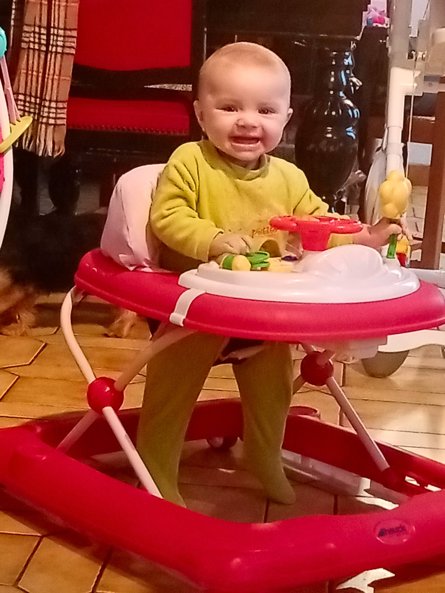 Analia participe au concours pour gagner de l'argent avec cette photo : baby, baby_toddler_clothing, carmine, chair, child, comfort, event, fun, furniture, joy, magenta, person, photograph, pink, red, room, sitting, smile, snapshot, standing