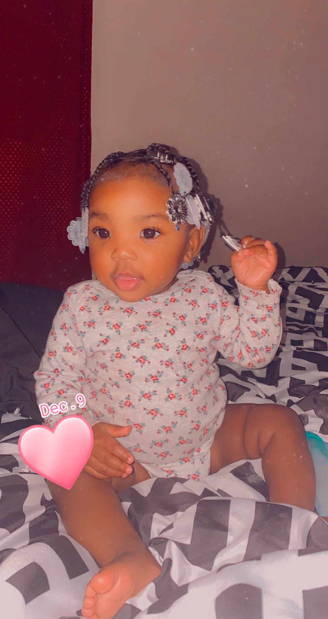 Aryn is registered to the contest to win money with this photo: baby, baby_products, baby_toddler_clothing, cheek, couch, embellishment, eye, hair_accessory, headband, heart, lap, living_room, love, mouth, nose, pattern, person, pink, polka_dot, sock