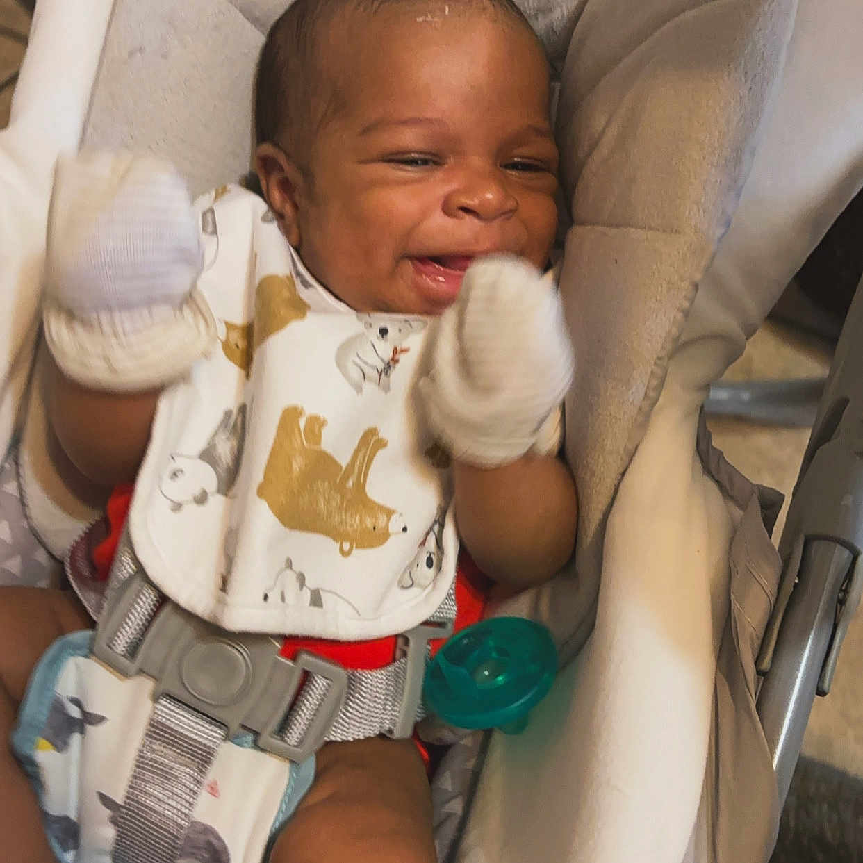 Zavion is registered to the contest to win money with this photo: architecture, baby, babylaughing, bed, building, clothing, cradle, crib, crying, cushion, face, furniture, glove, happy, head, homedecor, hospital, infantbed, newborn, person