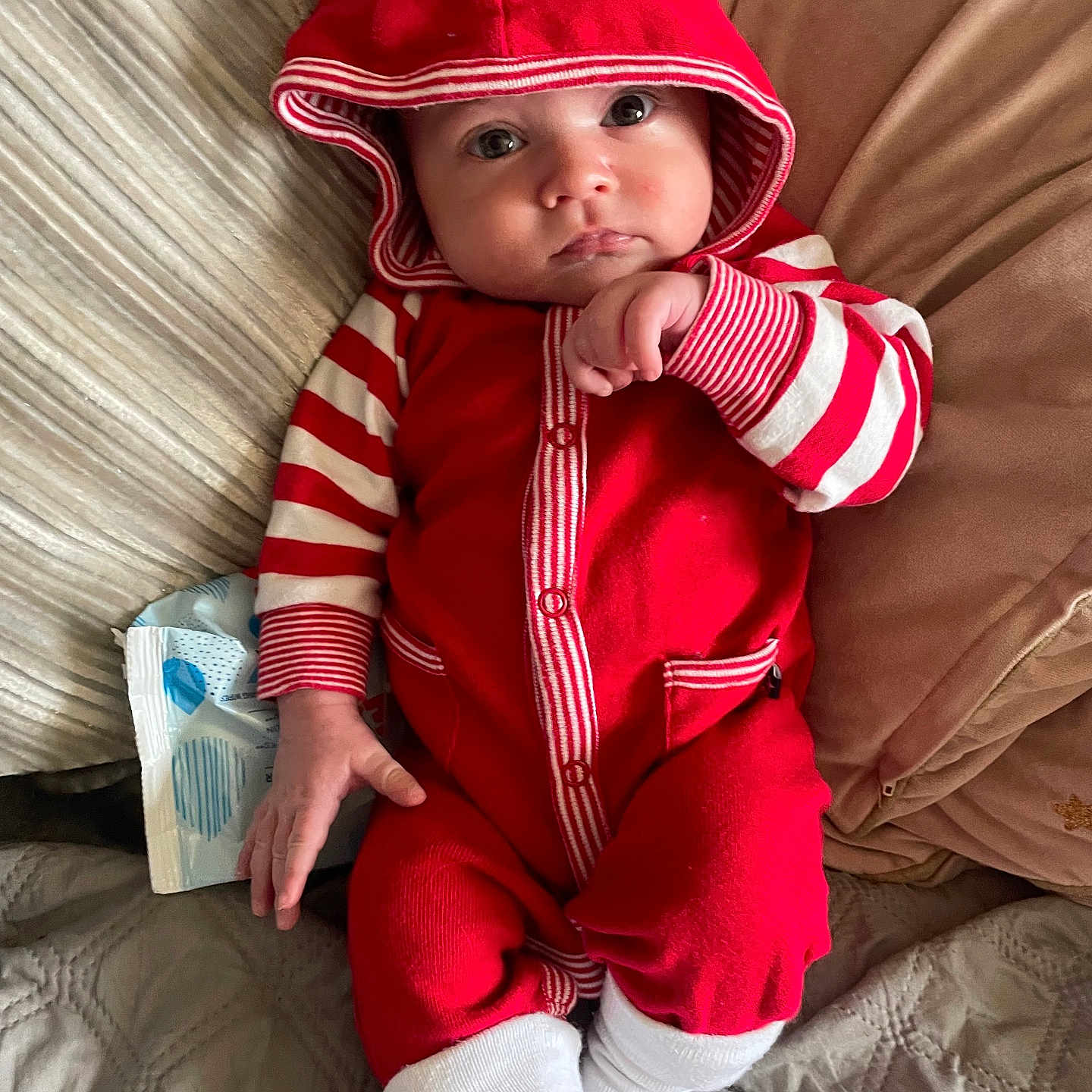 Mason joined the competition — help win amazing prizes! baby, blanket, bodypart, clothing, coat, couch, face, finger, furniture, hand, hat, head, hood, hoodie, knitwear, person, photography, portrait, sweater, sweatshirt