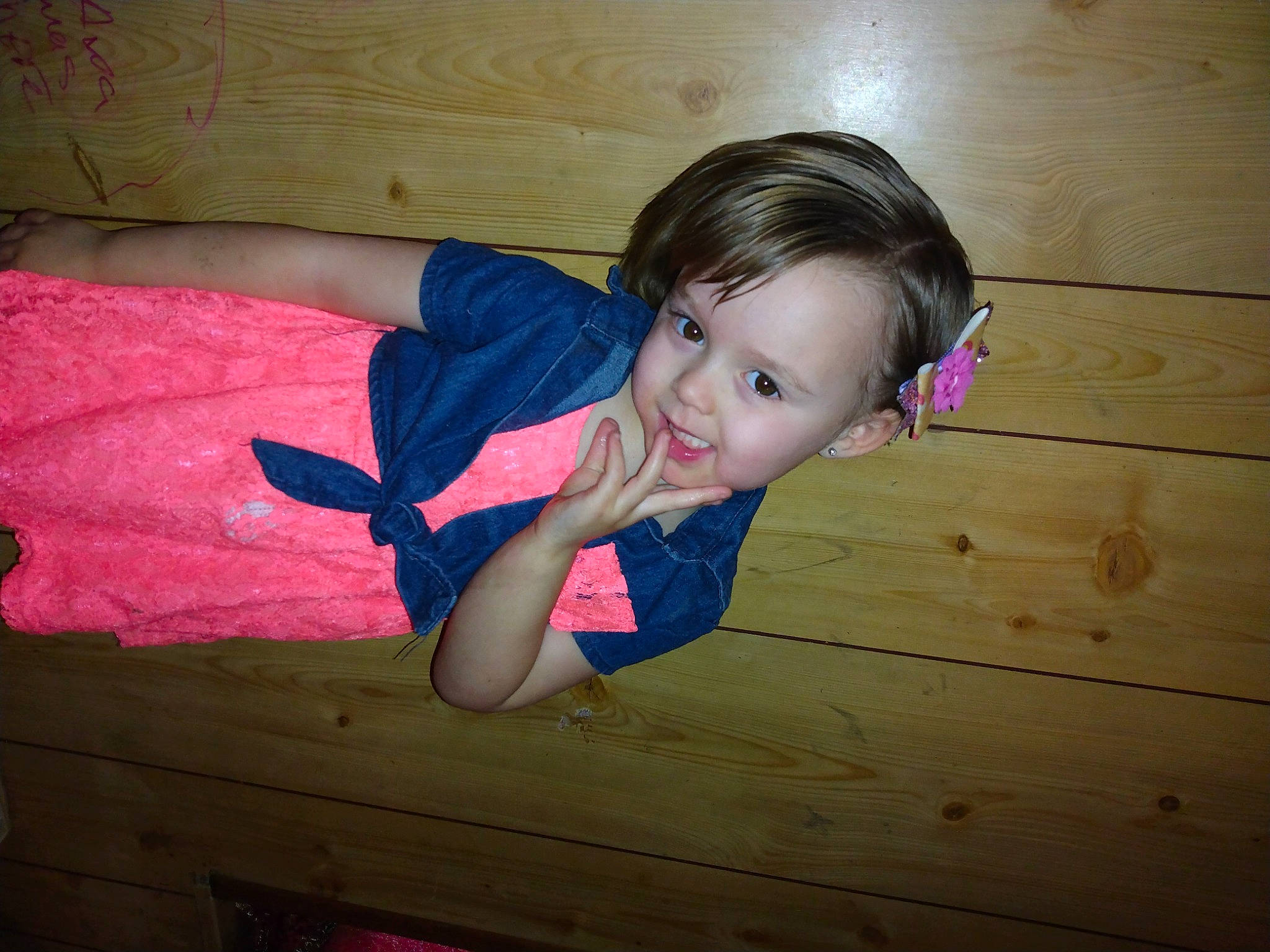 Emry joined the competition — help win amazing prizes! brown_hair, child, elbow, flash_photography, floor, flooring, fun, happy, hardwood, human_leg, leg, long_hair, magenta, person, pink, skin, standing, tints_and_shades, toddler, wood