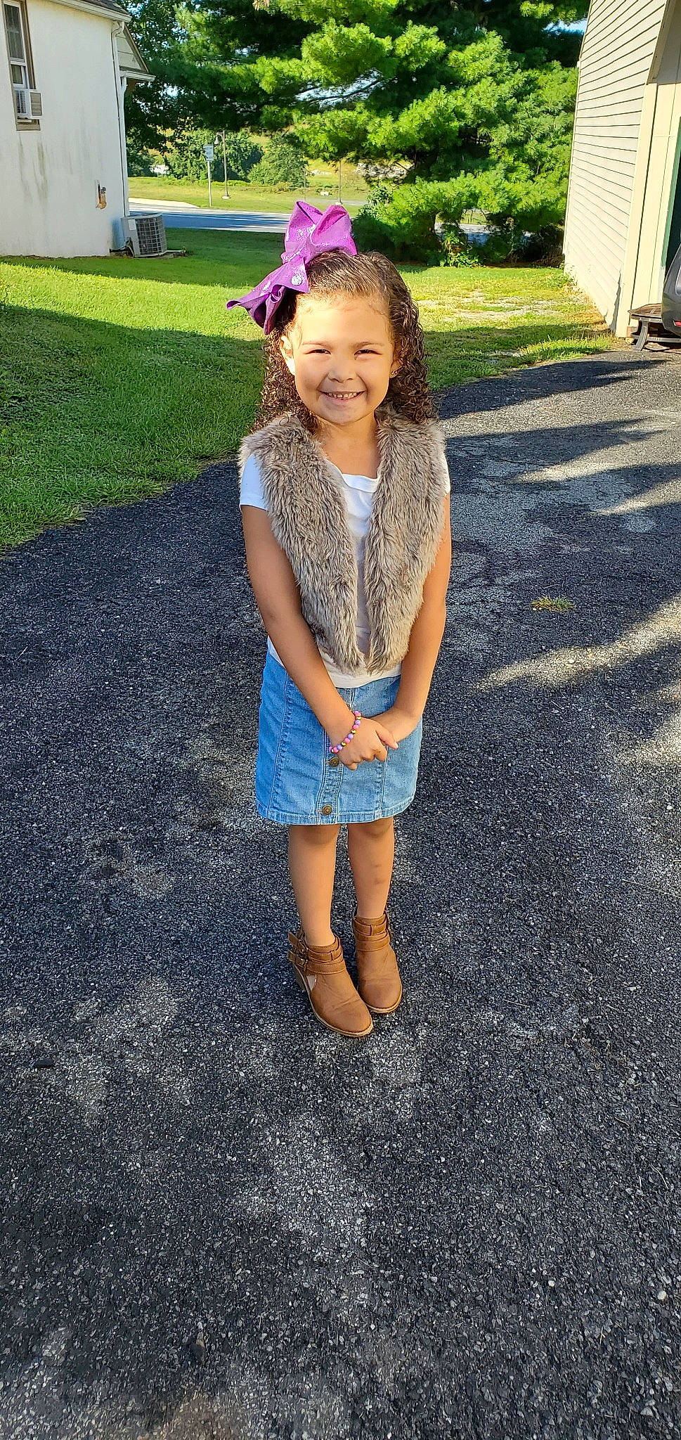 Avery is registered to the contest to win money with this photo: child, dress, footwear, fun, grass, joy, pattern, person, pink, plant, play, shoe, smile, standing, style, summer, toddler, vacation, walking