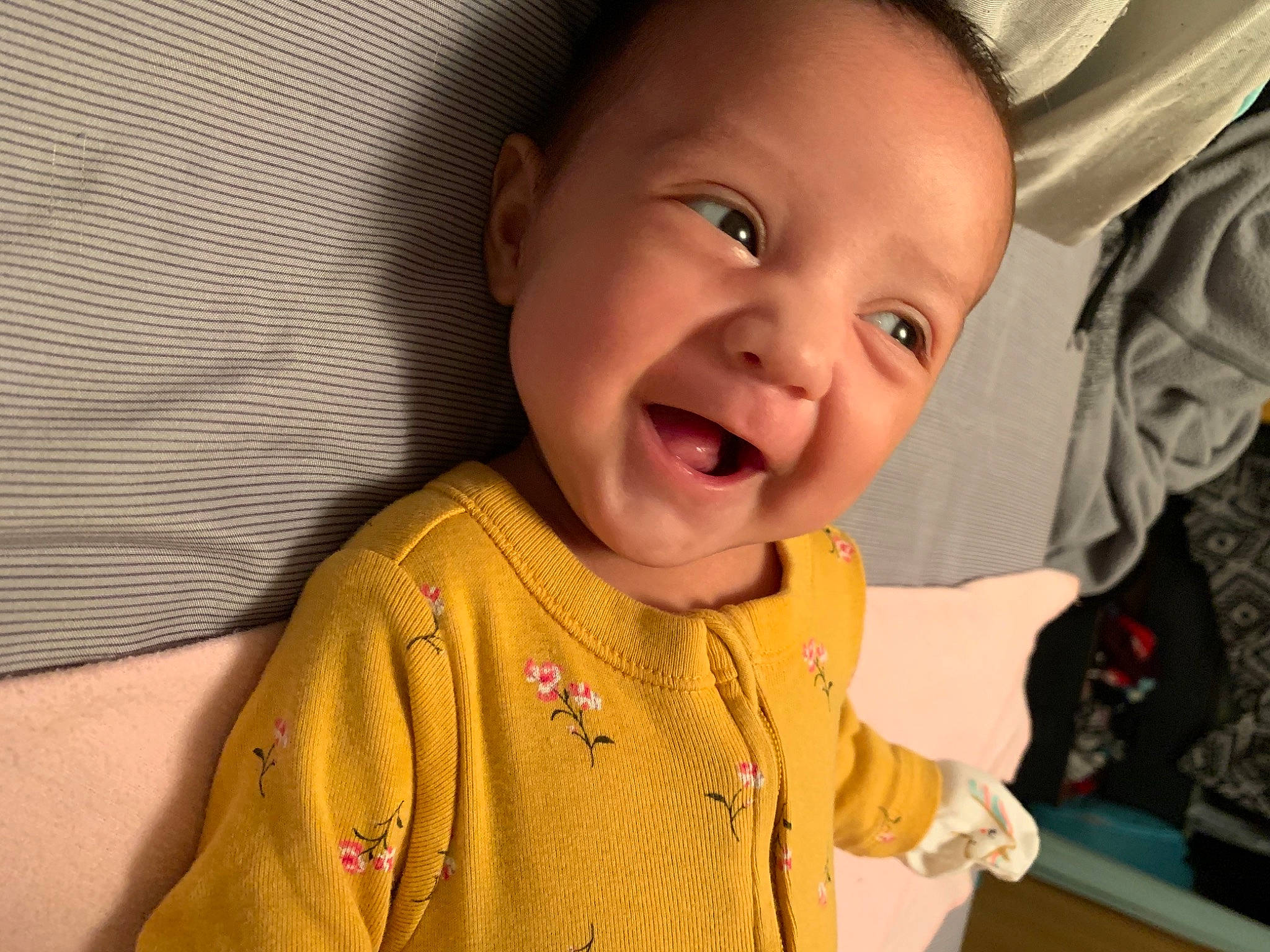 Xena joined the competition — help win amazing prizes! baby, baby_laughing, baby_toddler_clothing, cheek, child, eyebrow, laugh, linens, lip, long_sleeved_t_shirt, nightwear, person, pleased, skin, sleeve, sweater, textile, toddler, tongue, tooth