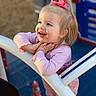 Hailee joined the competition — help win amazing prizes! toddler, child, playground, pink_bow, smiling, happy, outdoor, play_structure, railing, clothing, shoes, daylight, cute, joyful, person, young_child, fun, leisure, casual, blond_hair