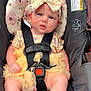 Oaklee joined the competition — help win amazing prizes! baby, child, car_seat, safety_harness, headband, yellow_dress, floral_pattern, infant, cute, seated, pink_flowers, padded_seat, foot, hand, indoor, expression, soft_cushion, black_straps, closeup, portrait