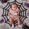 baby, infant, child, portrait, halloween, spiderweb, plush_spiders, costume, romper, pacifier, smiling, lying_down, indoor, flat_lay, textile, striped_socks, pink_clothing, gray_background, festive, photography