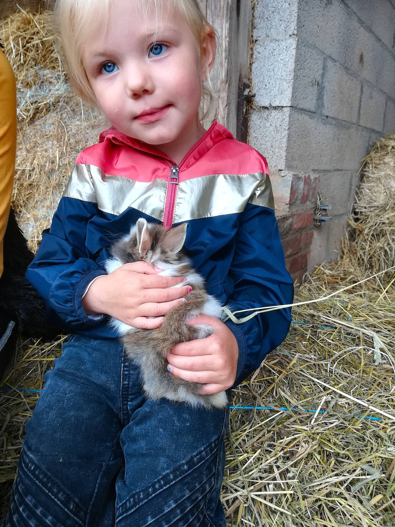 Mya a rejoint le concours — aidez-le/la à gagner de superbes lots ! baby_toddler_clothing, bangs, child, clothing, denim, doll, electric_blue, eye, face, fawn, finger, fur, grass, hand, happy, head, headwear, people_in_nature, person, sitting