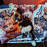 dog, pillow, couch, animal_illustration, indoor, cute, pet, fur, resting, decor, colorful, cozy, blanket, wall, floor, relaxing, home, comfort, small_dog, pattern