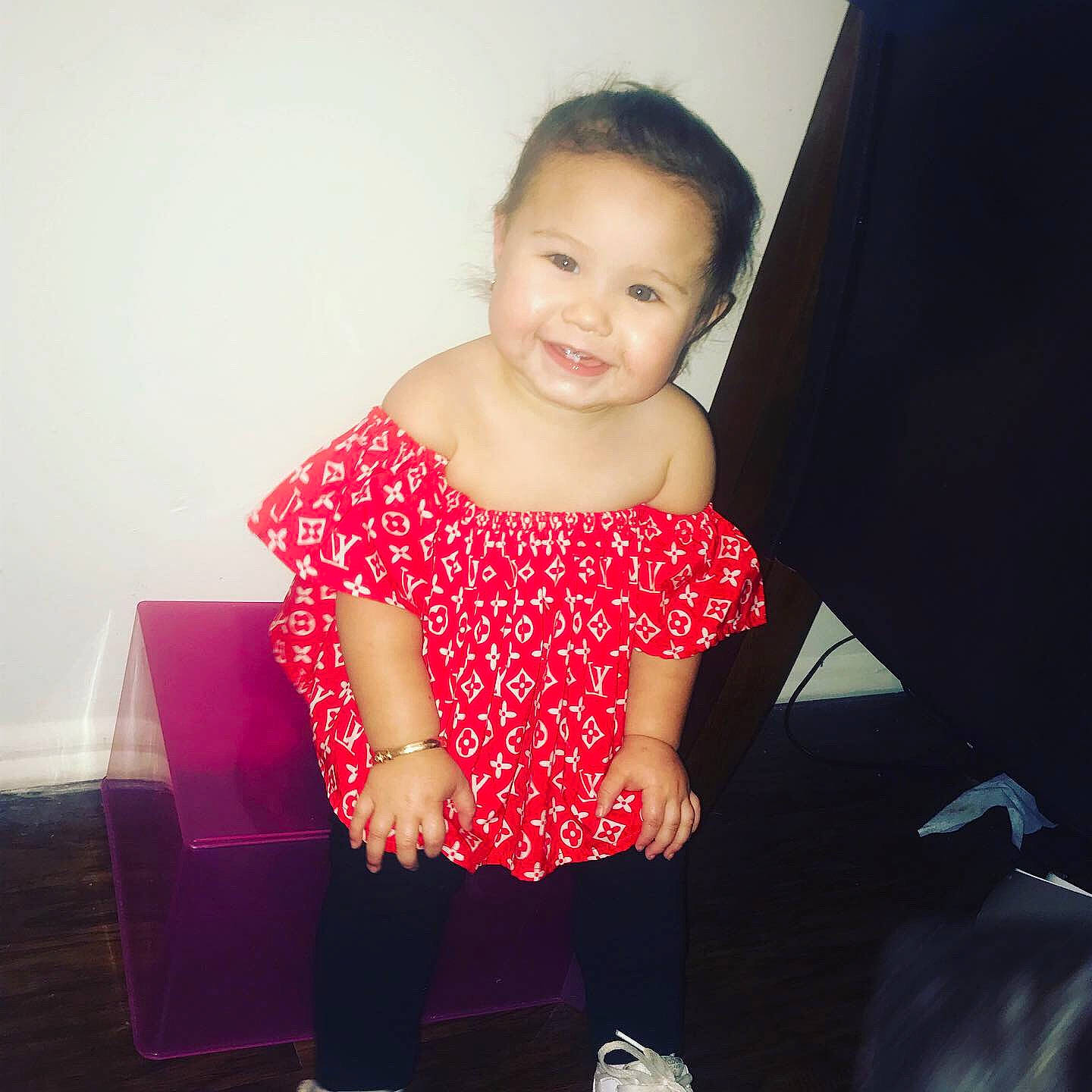 Aubrie joined the competition — help win amazing prizes! abdomen, baby_toddler_clothing, child, child_model, clothing, design, joint, joy, magenta, pattern, person, pink, polka_dot, shoulder, sleeve, smile, standing, t_shirt, toddler, trunk