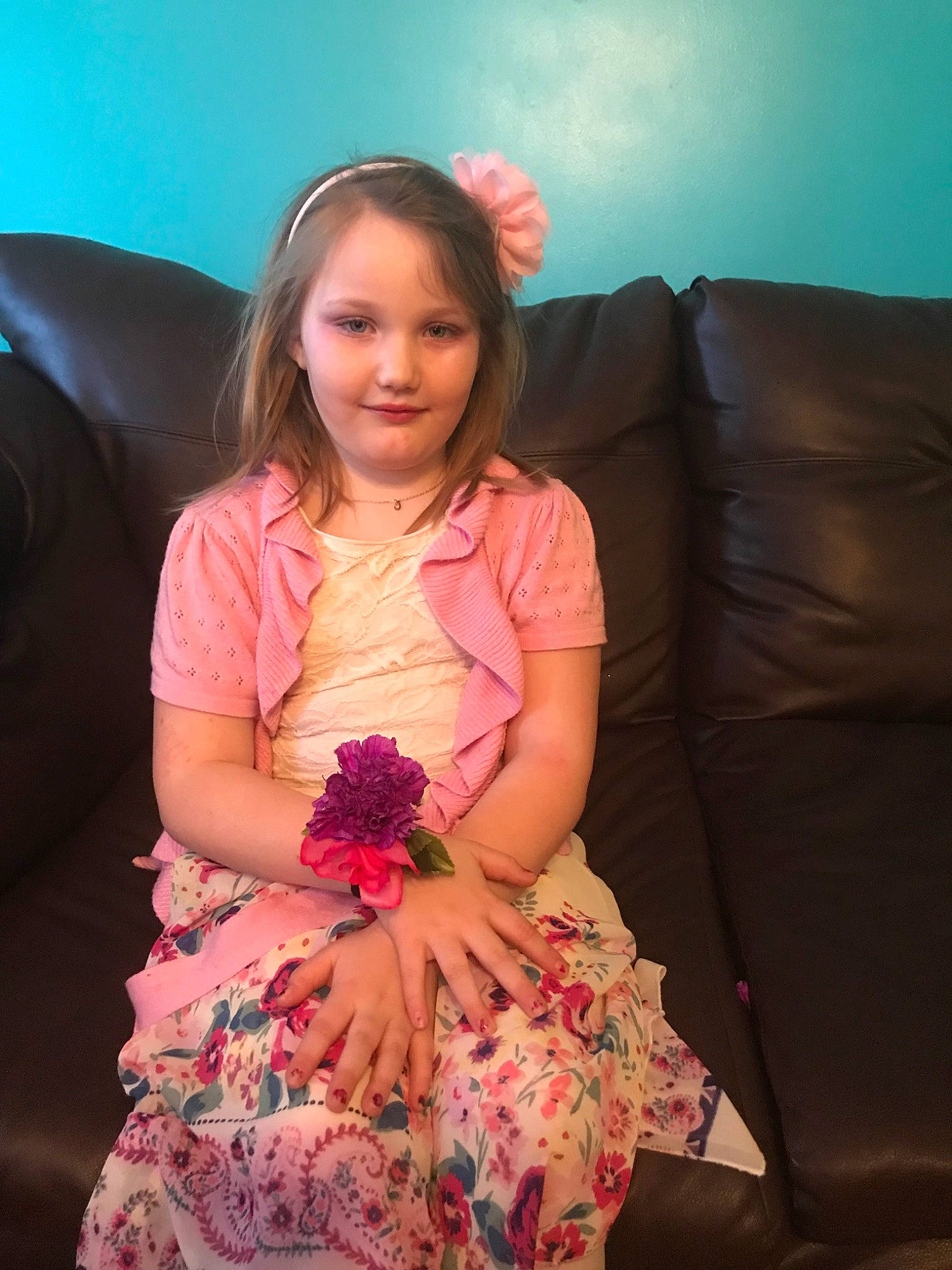 Morgan joined the competition — help win amazing prizes! child, dress, floral_design, flower, formal_wear, joy, lady, person, pink, plant, sitting, smile, textile, toddler, vacation