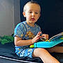 bodypart, boy, child, clothing, face, finger, furniture, hand, happy, head, male, person, photography, portrait, reading, shorts, sitting, sleeve, smile, t_shirt