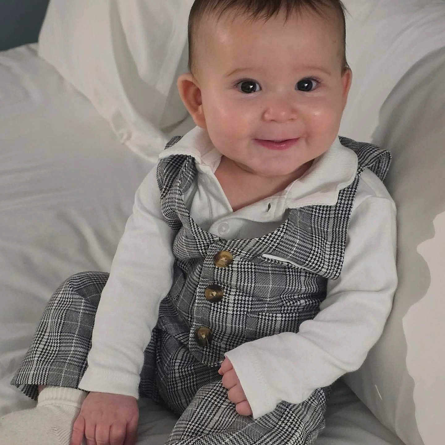 Eben joined the competition — help win amazing prizes! baby, child, comfortable, couch, cozy, cute, eyes, face, fashion, hands, happy, indoor, infant, person, plaid_outfit, portrait, sitting, smiling, soft_lighting, white_shirt