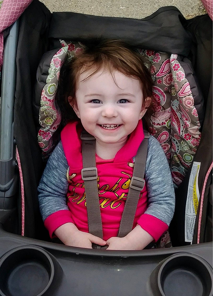 Hayzlee joined the competition — help win amazing prizes! baby_carriage, car_seat, child, girl, infant, joy, person, pink, product, sitting, skin, smile, toddler