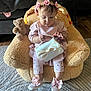 Maddison joined the competition — help win amazing prizes! toddler, child, pink_clothing, headband, flower_headband, purse, pearl_handle, plush_chair, teddy_bear, carpet, indoor, footwear, baby_shoes, cute, sitting, focused, soft_lighting, home, person, accessory
