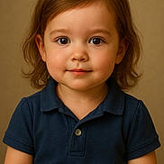 Mila joined the competition — help win amazing prizes! blue_shirt, brown_hair, casual_clothing, child, closeup, curious_eyes, cute, face, indoor, innocent, person, polo_shirt, portrait, short_sleeves, smile, soft_lighting, studio, toddler, warm_background, young_child