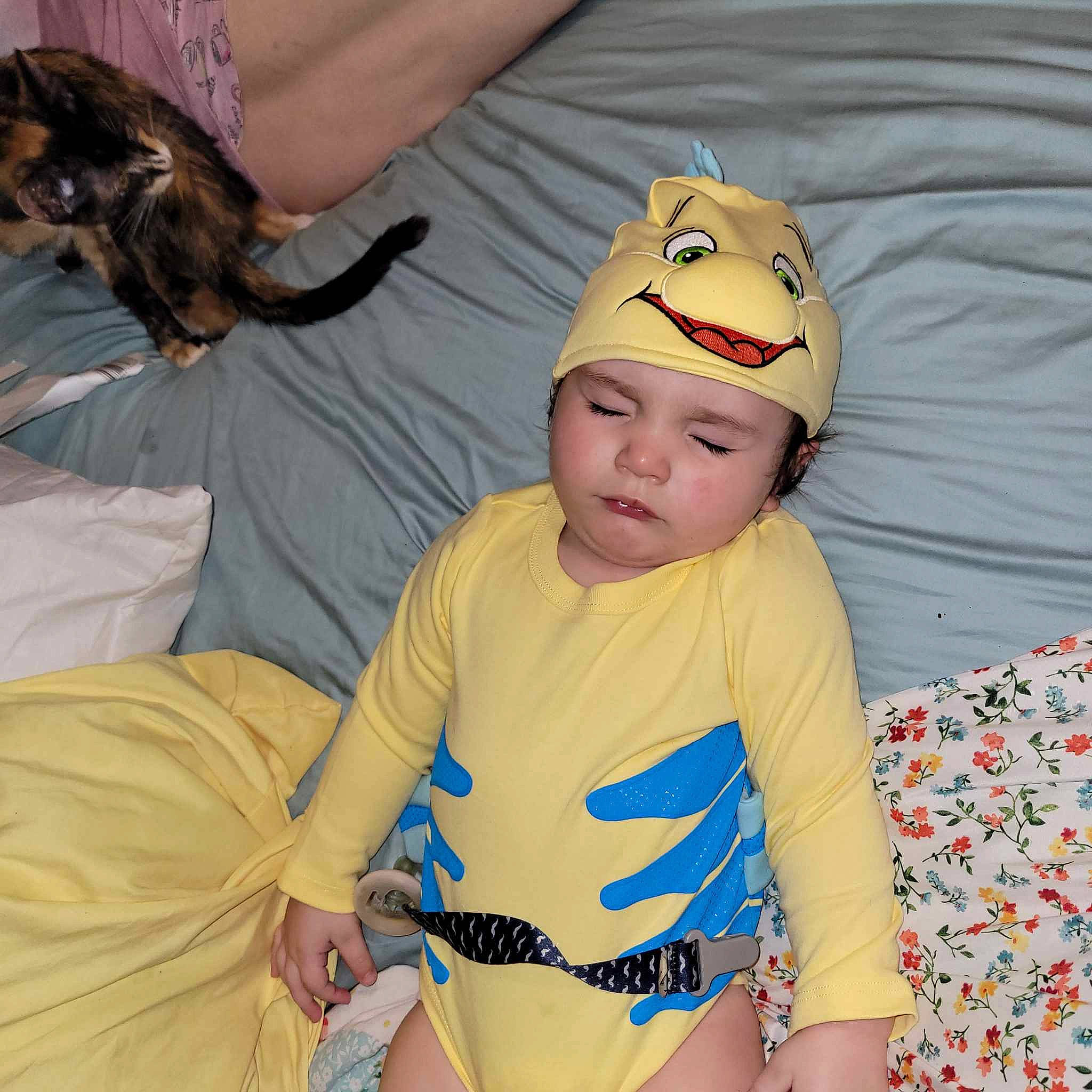 Damien joined the competition — help win amazing prizes! abdomen, baby, baby_products, baby_toddler_clothing, cap, child, costume, costume_hat, fun, happy, headwear, human_leg, person, personal_protective_equipment, sitting, skin, sleeve, swimwear, thigh, toddler