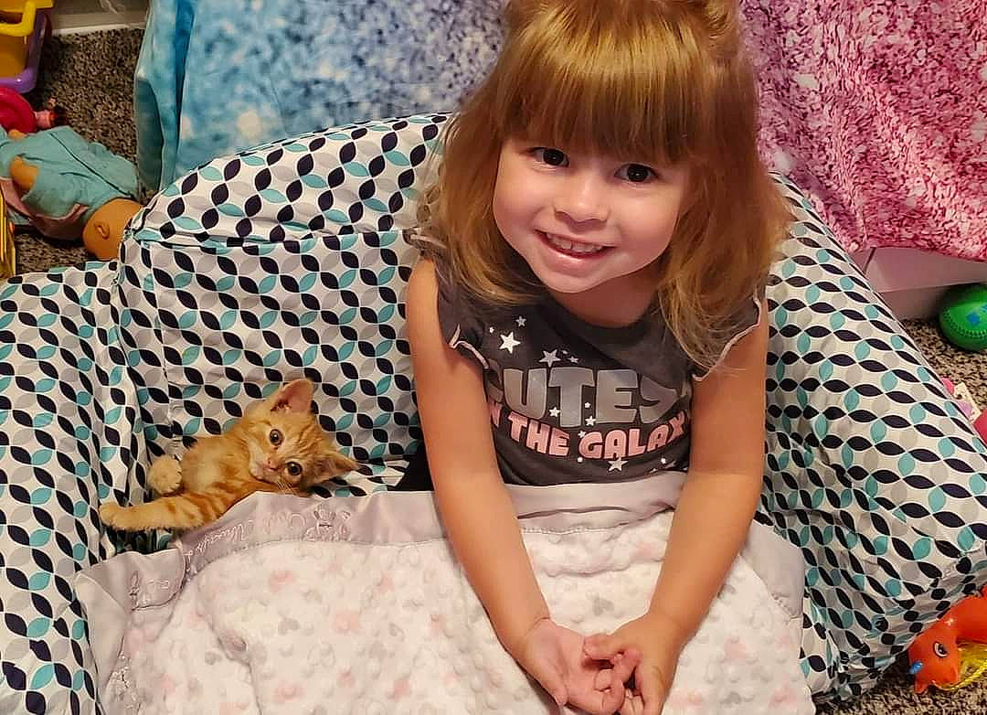 Karmen is registered to the contest to win money with this photo: carnivore, child, companion_dog, dog, dog_breed, fawn, felidae, fun, hair, happy, joy, leisure, pattern, people, person, sitting, small_to_medium_sized_cats, smile, textile, toddler