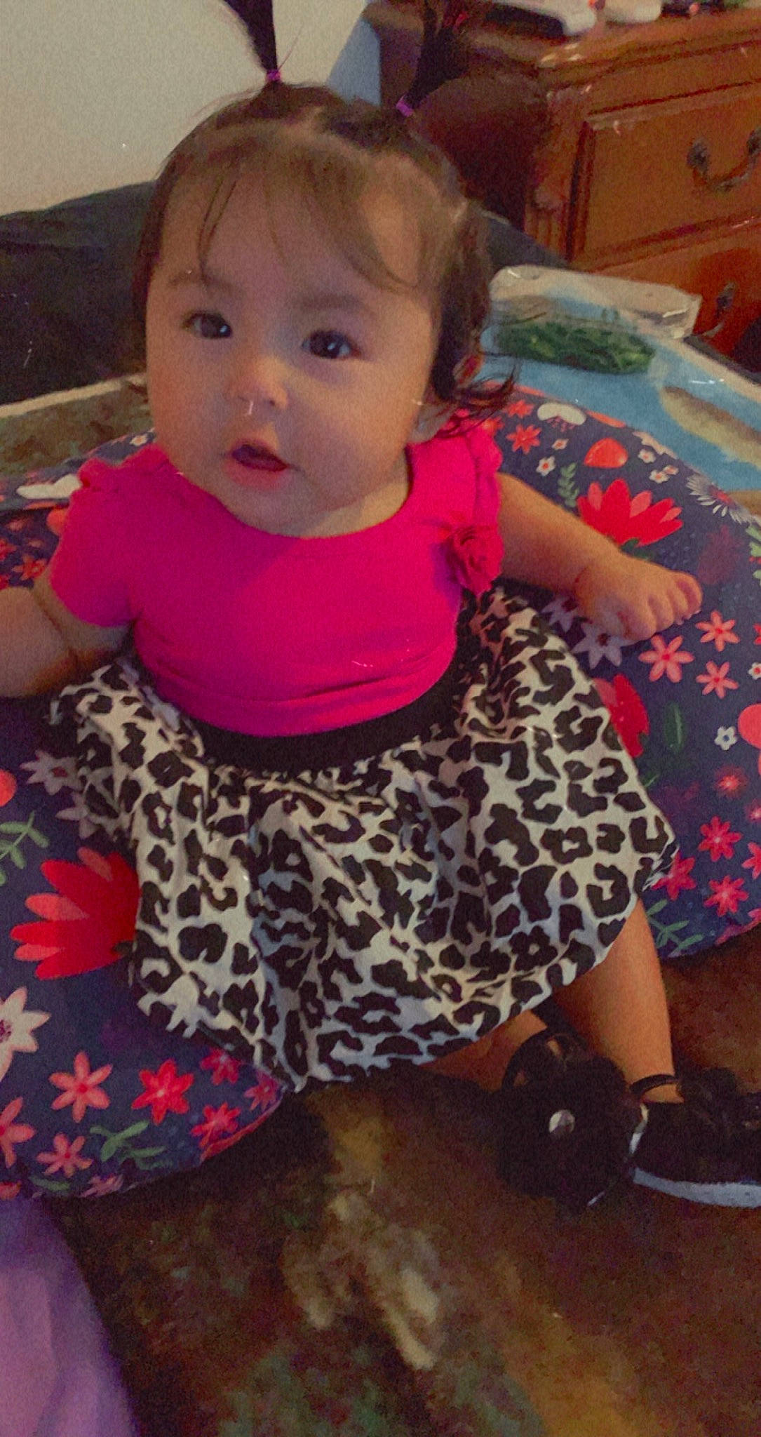 Zariah is registered to the contest to win money with this photo: baby, baby_toddler_clothing, bed, cheek, child, eye, linens, mouth, nose, person, pink, sandal, sock, toddler