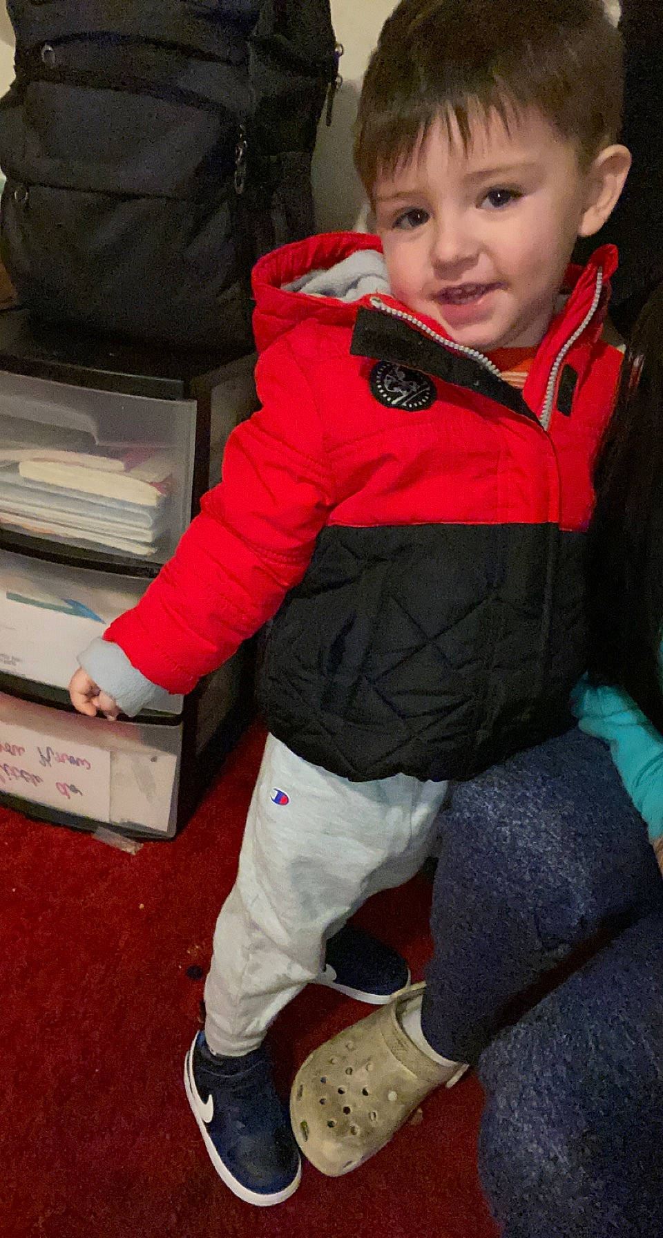 Braylon joined the competition — help win amazing prizes! baby, baby_toddler_clothing, box, carmine, cheek, child, comfort, cool, flooring, fun, fur, human_leg, knee, lap, person, sitting, sleeve, standing, thigh, toddler