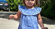 Clarette Amelia is registered to the contest to win money with this photo: blue_top, car, casual_clothing, child, cute, daylight, girl, greenery, nature, outdoor, person, pigtails, shadow, sidewalk, smile, summer, sunlight, trees, walking, white_shorts