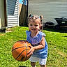 Clarette is registered to the contest to win money with this photo: child, girl, basketball, outdoor, grass, sunny, smiling, pigtails, blue_top, white_shorts, shoes, house, fence, garden_tools, wheelbarrow, daylight, happy, playing, yard, summer