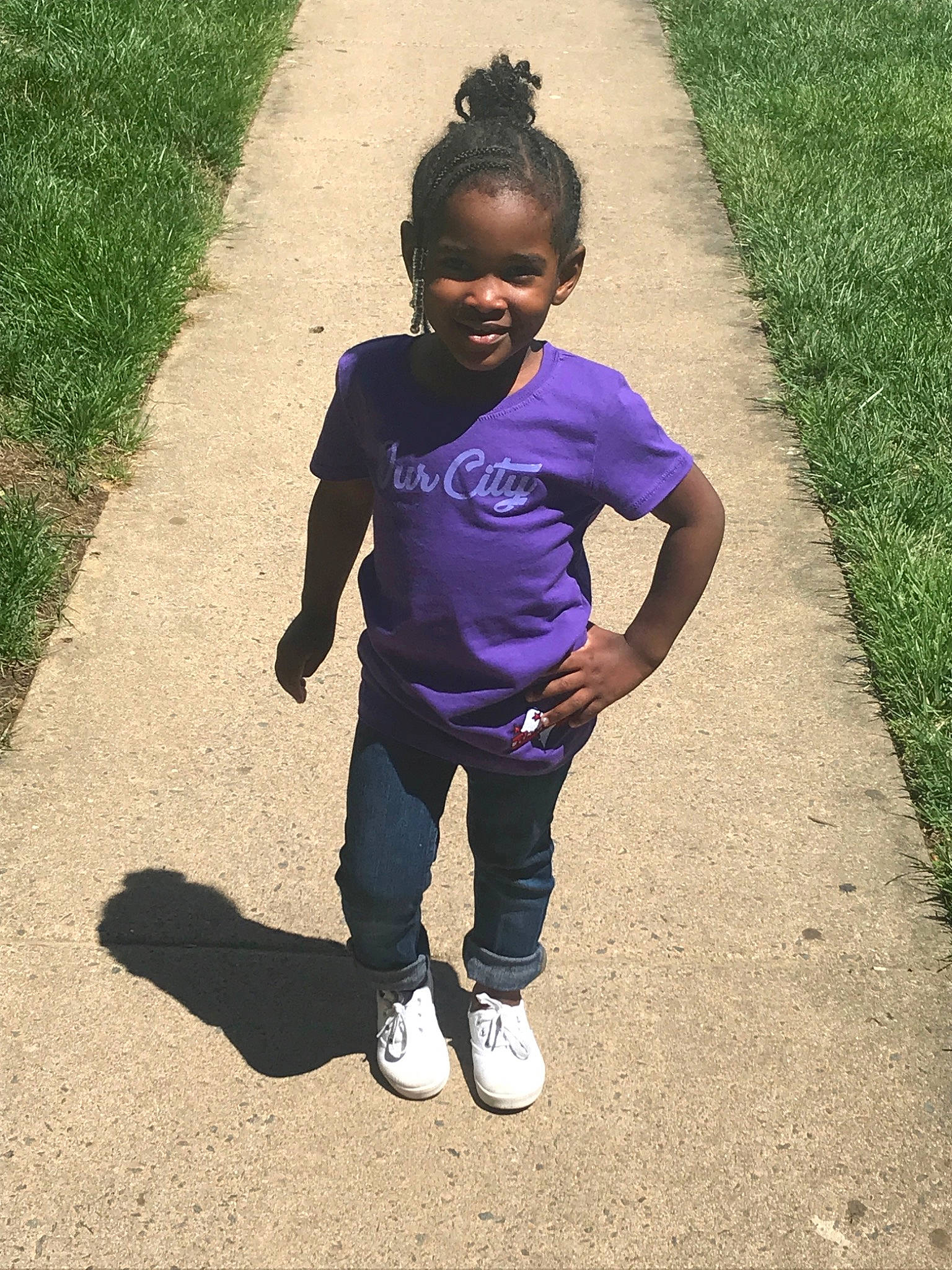 Jade is registered to the contest to win money with this photo: child, cool, grass, happy, head, joy, person, play, shadow, smile, standing, toddler, walking