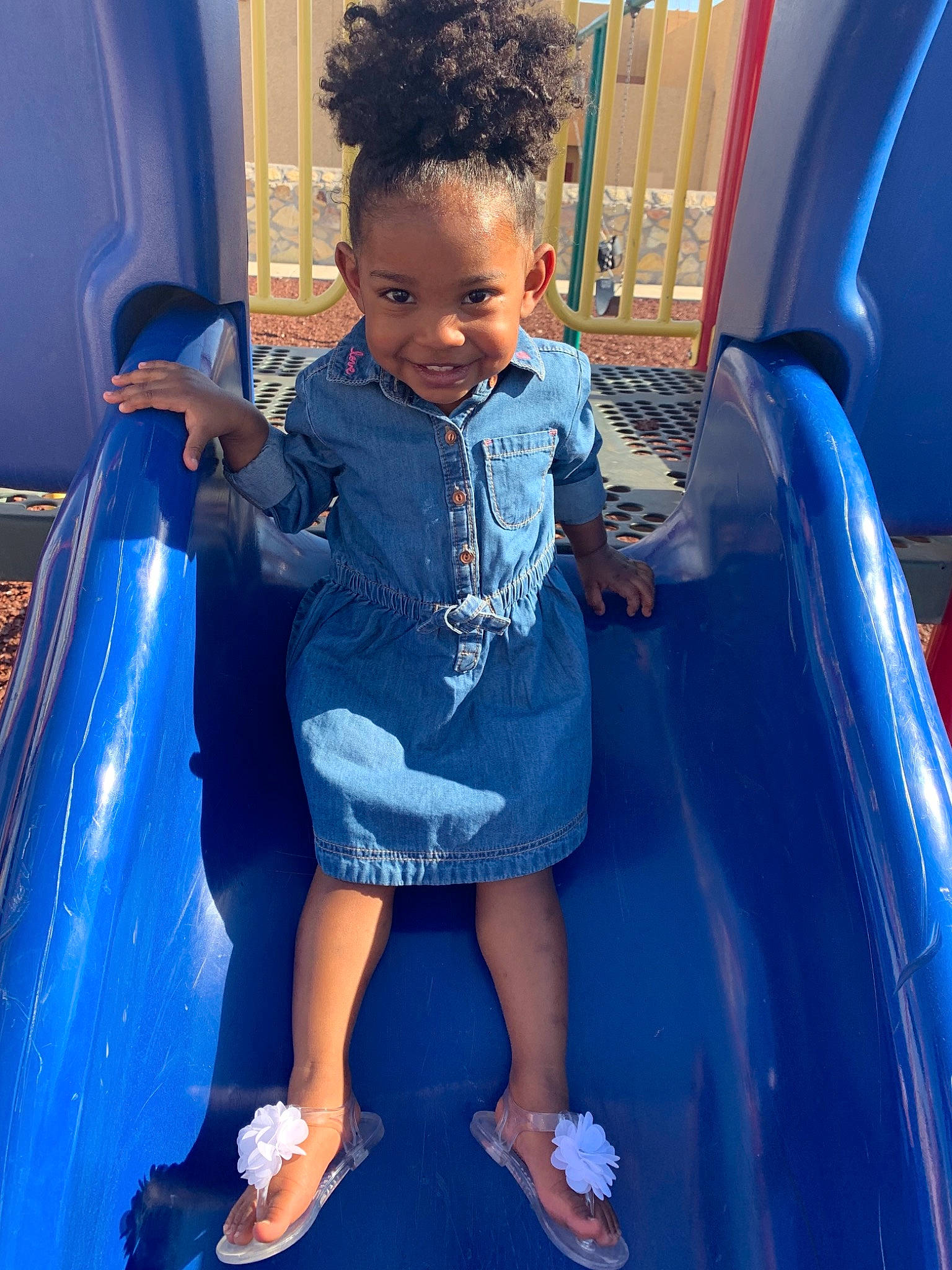 Noel joined the competition — help win amazing prizes! blue, child, electric_blue, fun, joy, leg, leisure, outdoor_play_equipment, person, play, playground, playground_slide, recreation, smile, toddler