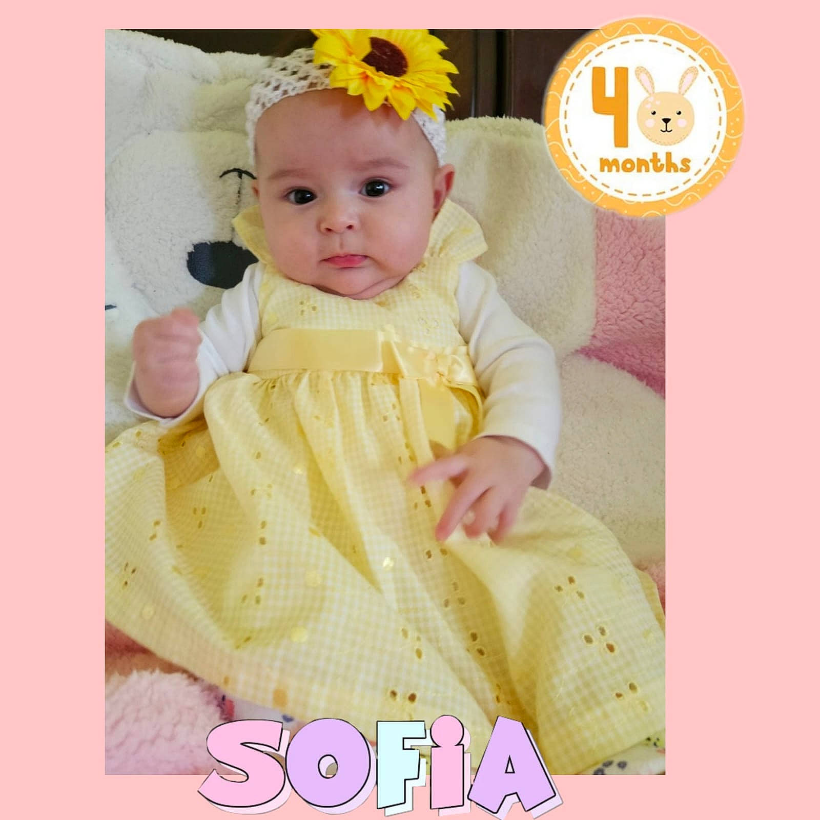 Sofía joined the competition — help win amazing prizes! baby, baby_products, baby_toddler_clothing, cheek, child, dress, face, fashion_accessory, font, happy, headband, magenta, pattern, peach, person, photo_caption, pink, portrait_photography, sitting, sleeve