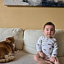 Sebástian Brown is registered to the contest to win money with this photo: baby, child, infant, cat, ginger_cat, sofa, couch, onesie, white_clothing, indoor, living_room, pet, animal, feline, seated, expression, portrait, cozy, relaxed, artwork