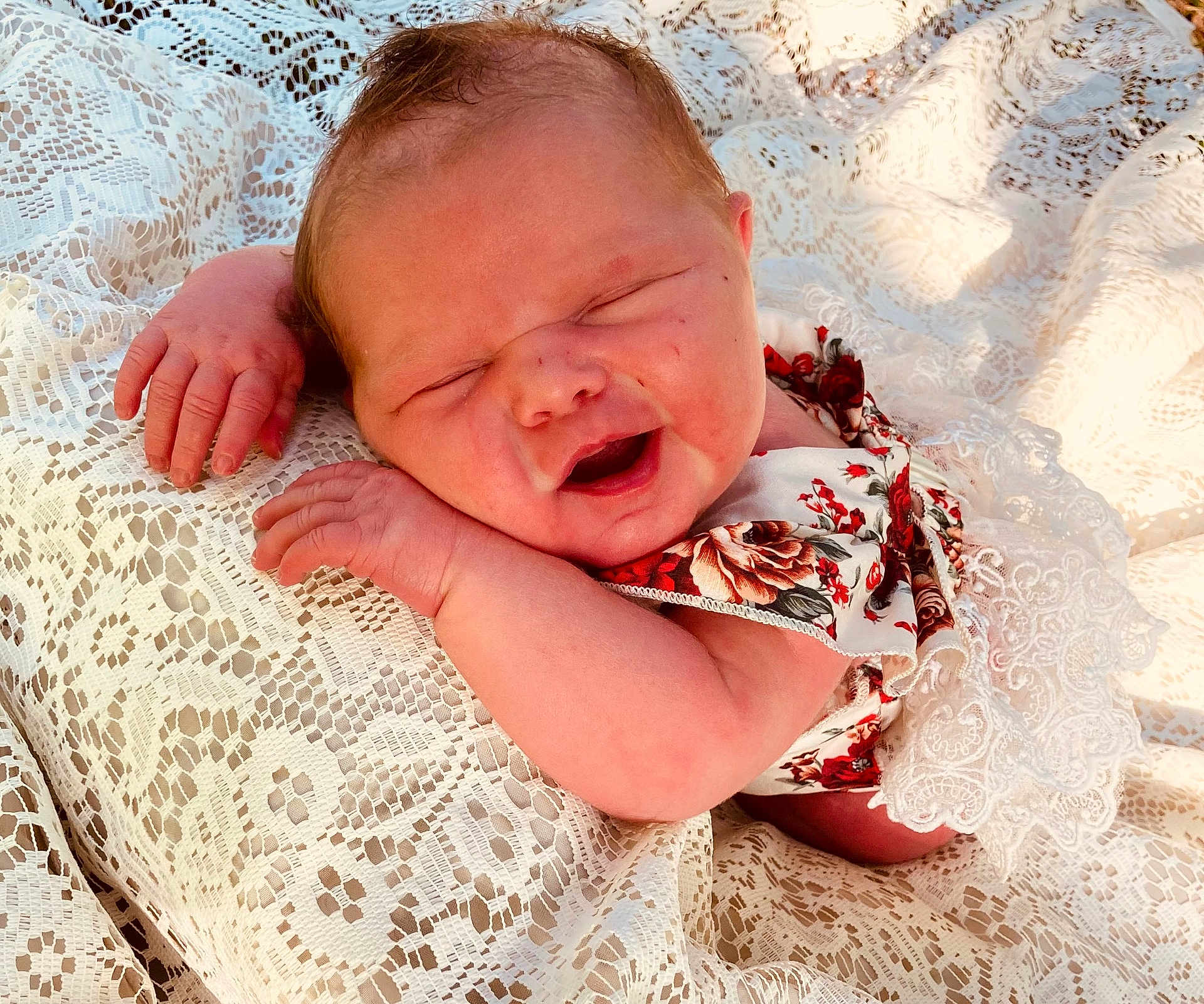 Aarabella Zhonae joined the competition — help win amazing prizes! baby, newborn, infant, face, hands, lace, fabric, floral, clothing, skin, cute, sleepy, portrait, closeup, soft_light, texture, resting, tiny_hands, peaceful, cozy