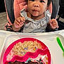 toddler, child, high_chair, food, rice, meat, plate, spoon, drool, curious, eating, meal, clothing, baby, indoor, table, person, face, hand, expression