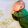 baby, newborn, sleeping, green_clothing, flowers, white_flowers, peaceful, infant, soft_light, portrait, side_view, cute, small_hands, delicate, nature, calm, resting, closeup, fresh, tender