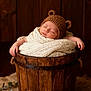baby, bear_ears, blanket, brown, child, cozy, cream, cute, decor, indoors, infant, knit_hat, knitted_toy, peaceful, portrait, sleeping, soft_texture, teddy_bear, wooden_bucket, wrapped