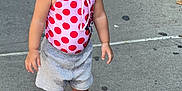 Ella'Mia joined the competition — help win amazing prizes! toddler, child, sidewalk, hat, pink, polka_dot, swimsuit, curly_hair, sandals, outdoor, urban, person, concrete, summer, cute, fashion, playful, young_child, standing, daytime