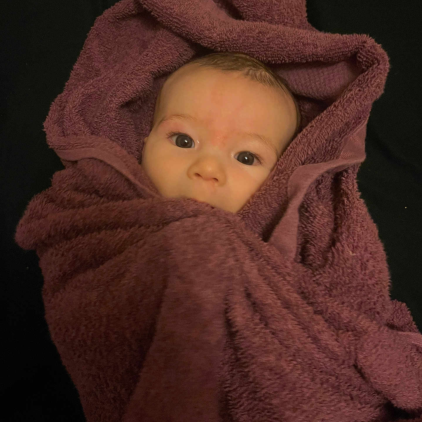 Arthur joined the competition — help win amazing prizes! baby, blanket, child, cozy, cute, expression, eyes, face, head, indoor, infant, person, portrait, purple, skin, soft, towel, warm, wrapped, young