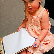 Amaya is registered to the contest to win money with this photo: toddler, child, girl, dress, headband, bow, clipboard, paper, pen, sandals, chair, indoor, floor, wall, sitting, cute, thoughtful, polka_dot, footwear, young