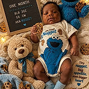 Kasei joined the competition — help win amazing prizes! baby, baby_clothes, blanket, blue_socks, child, cookie, cookie_monster, cozy, cute, decor, indoor, infant, letter_board, one_month, onesie, portrait, smiling, soft_toy, stuffed_toy, teddy_bear
