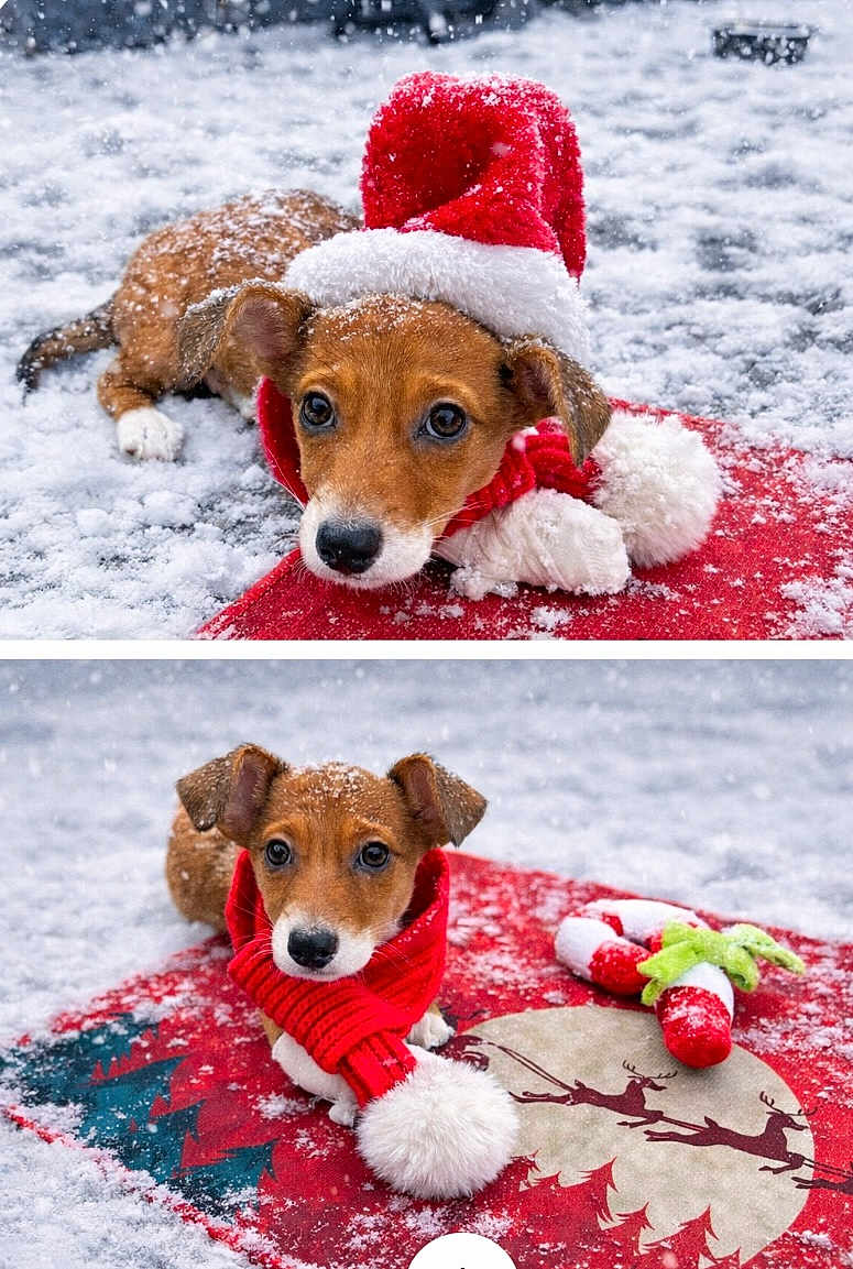 Tigger is registered to the contest to win money with this photo: puppy, dog, snow, red_scarf, santa_hat, christmas, winter, festive, holiday, snowfall, cute, outdoor, red_mat, toy, reindeer, seasonal, pet, animal, cold_weather, playful