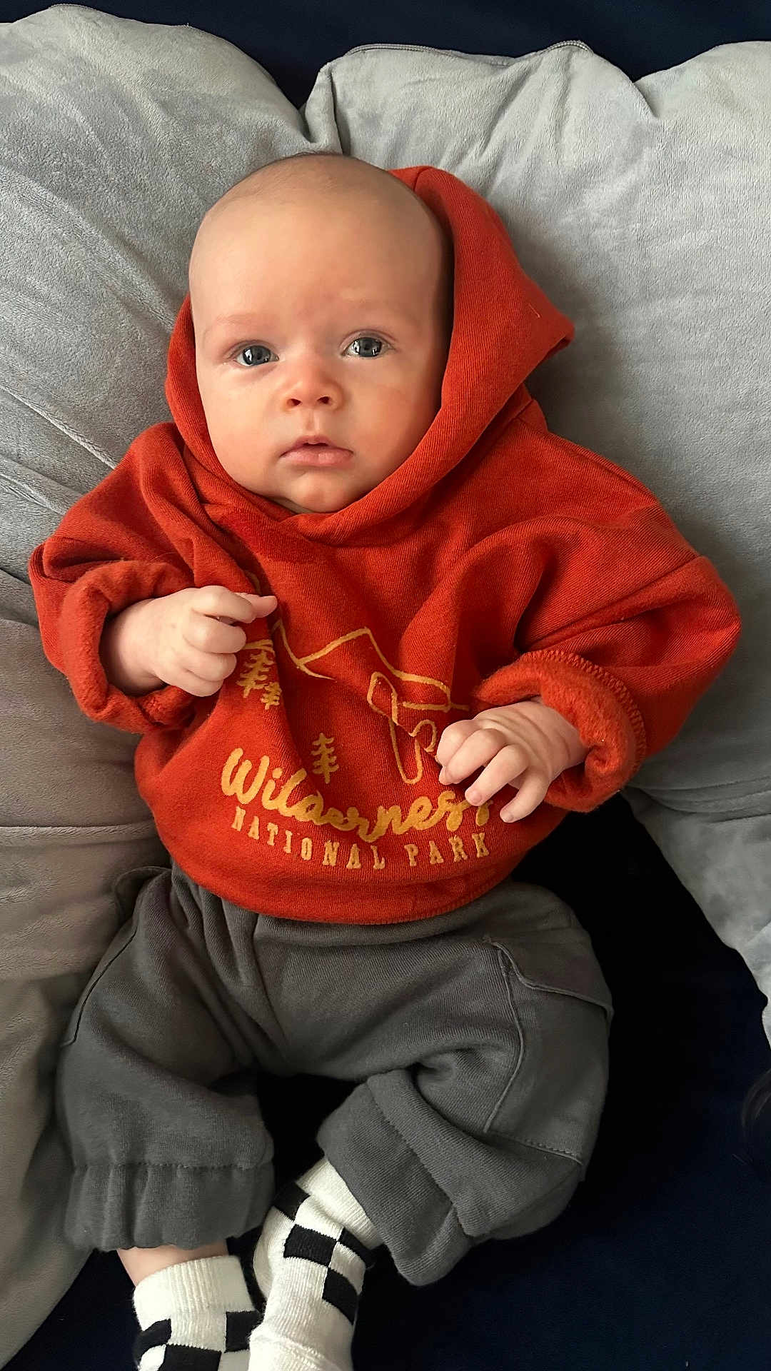 Jude joined the competition — help win amazing prizes! baby, infant, hoodie, orange_clothing, grey_pants, checkered_socks, cushion, soft_fabric, indoor, child, portrait, cute, cozy, sitting, hands, face, eyes, expression, comfortable, casual_clothing