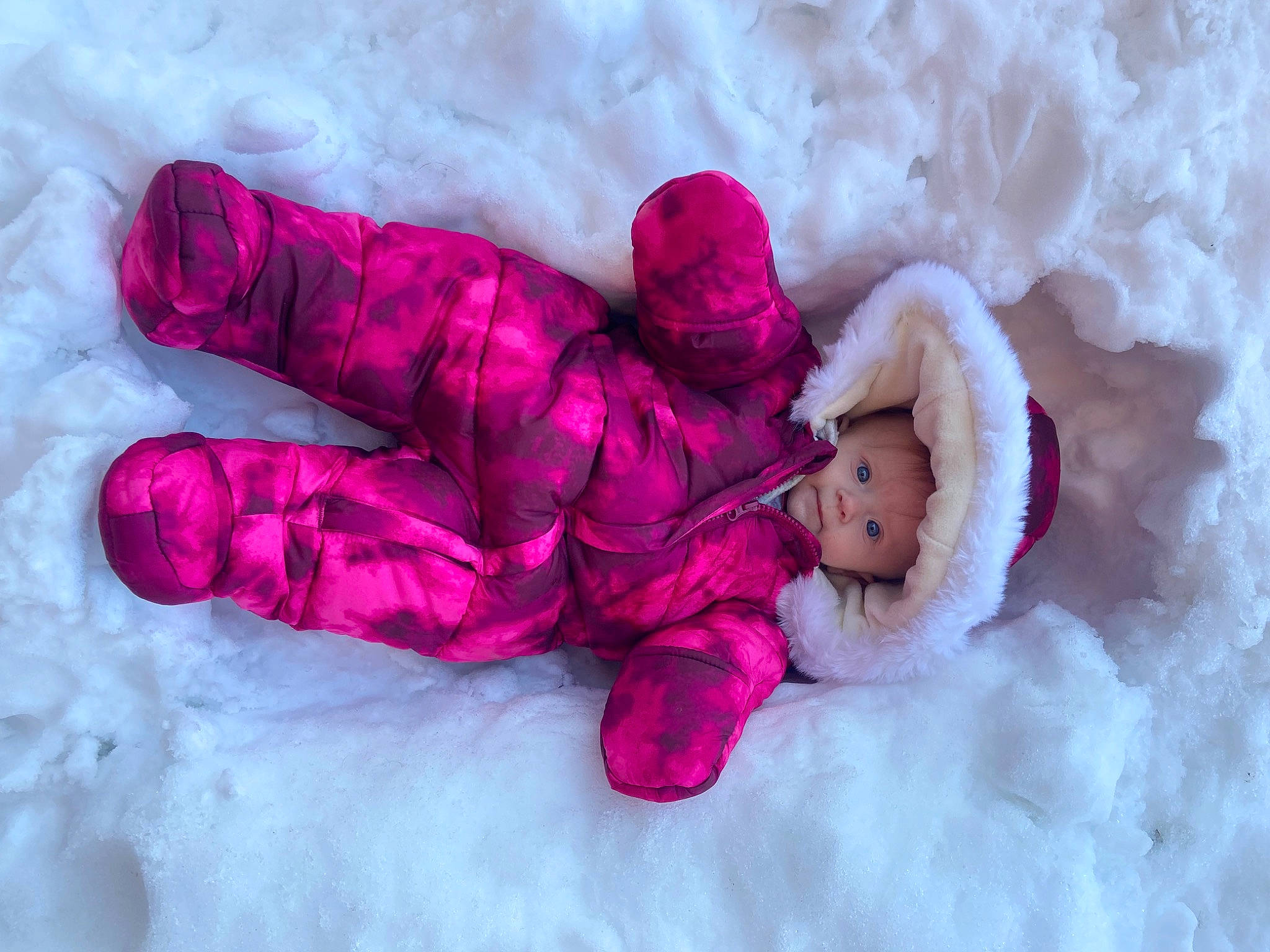 Athena joined the competition — help win amazing prizes! baby, baby_sleeping, baby_toddler_clothing, child, comfort, freezing, fur, glove, happy, knit_cap, linens, magenta, mammal, person, pink, purple, sleeve, snow, toddler, violet