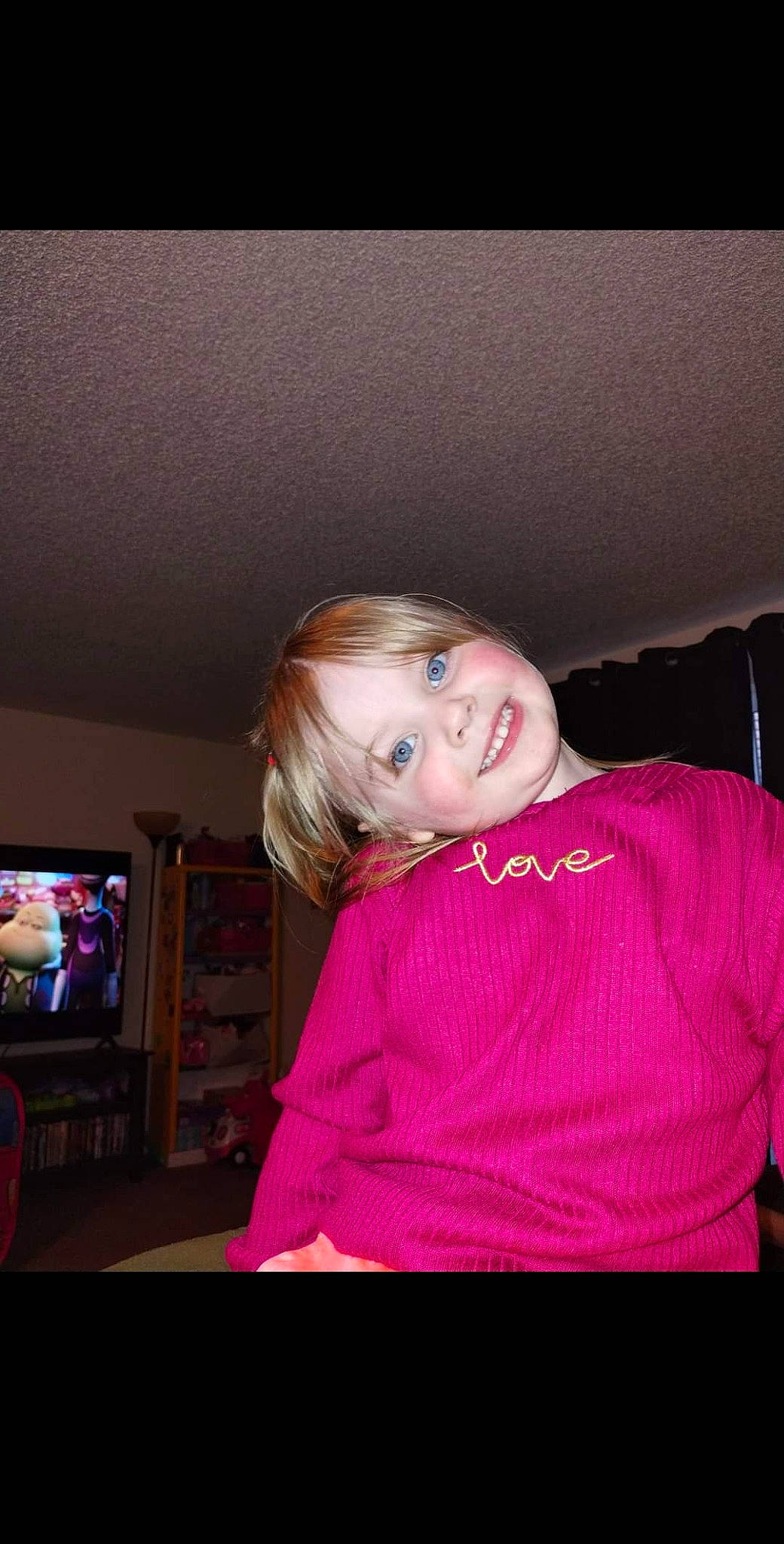 Luna joined the competition — help win amazing prizes! blond, brown_hair, cable_television, display_device, flash_photography, flat_panel_display, fun, happy, home_appliance, iris, joy, led_backlit_lcd_display, long_hair, magenta, person, pink, room, sitting, smile, television